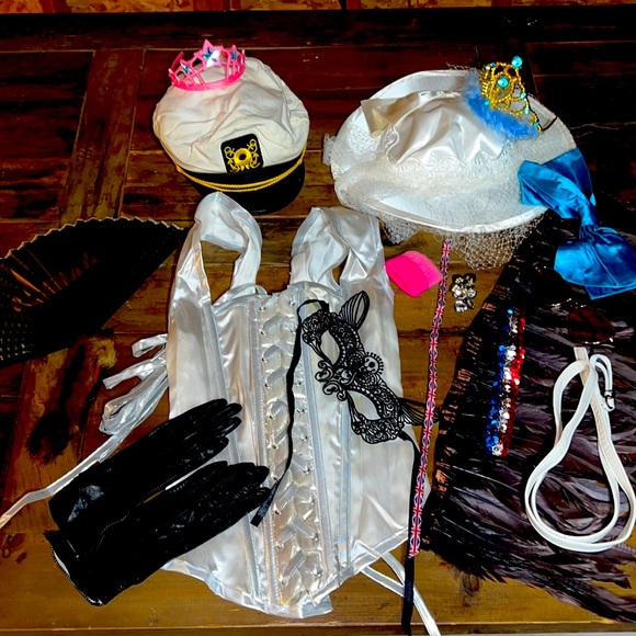 Accessories - Halloween rag bin dress-up lot! Corset, feathers, fan, gloves, kids crown, belt+